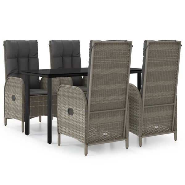 vidaXL 5 Piece Garden Dining Set with Cushions Black and Grey Poly Rattan
