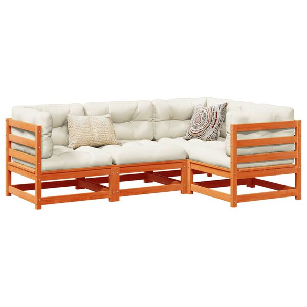 vidaXL 4 Piece Garden Sofa Set with Cushions Wax Brown Solid Wood Pine