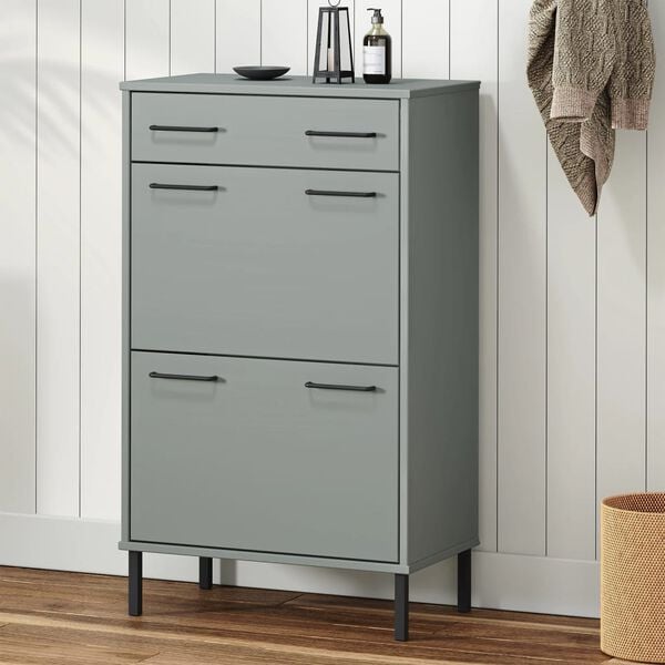 vidaXL Shoe Rack with Metal Legs Grey Solid Wood Pine OSLO