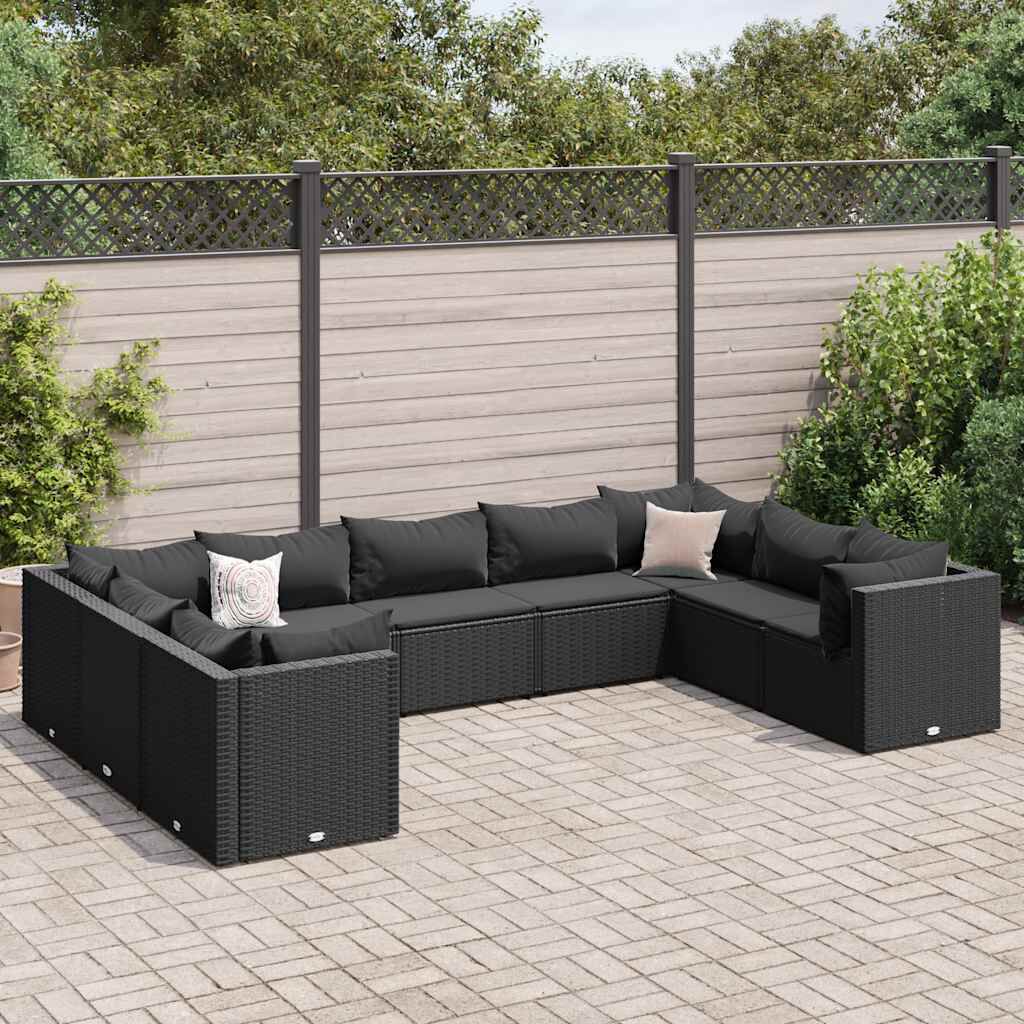 vidaXL 9 Piece Garden Lounge Set with Cushions Black Poly Rattan