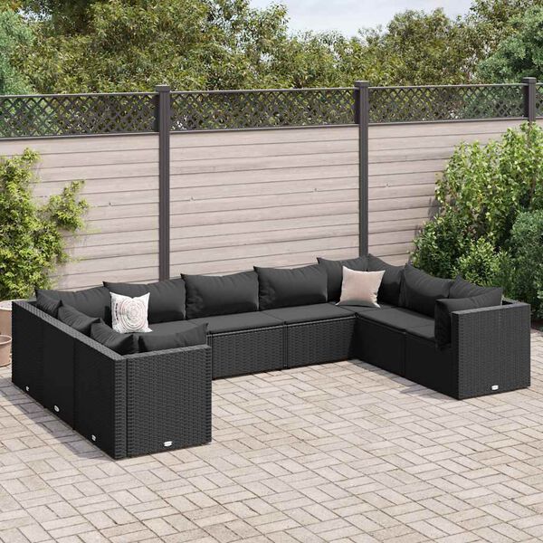 vidaXL 9 Piece Garden Lounge Set with Cushions Black Poly Rattan
