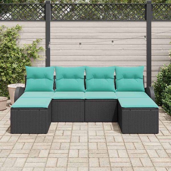 vidaXL Sofa Set with Cushion 6 pcs Black and Turquoise Poly Rattan