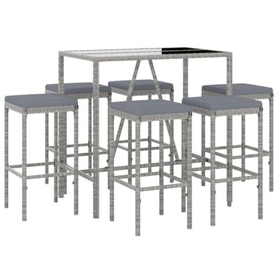 vidaXL 7 Piece Garden Bar Set with Cushions Grey Poly Rattan