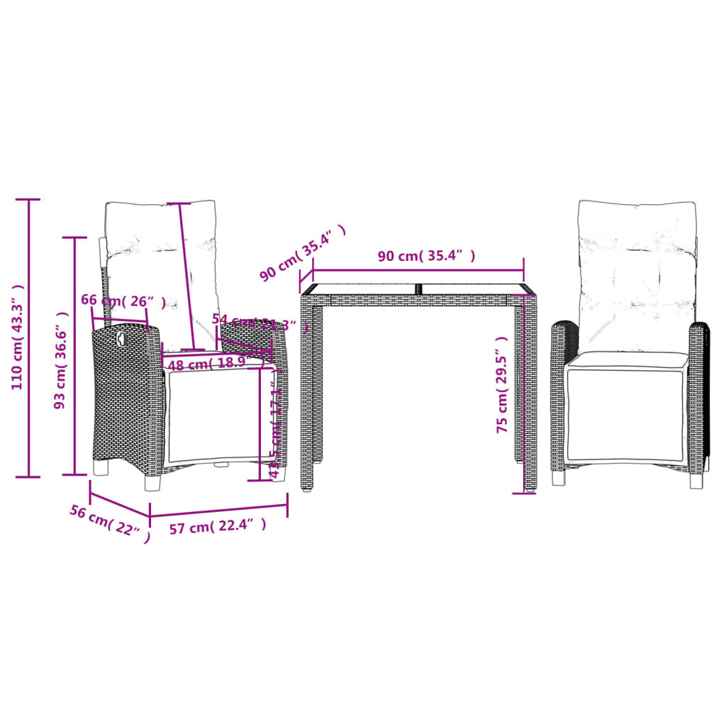 vidaXL 3 Piece Garden Dining Set with Cushions Grey Poly Rattan