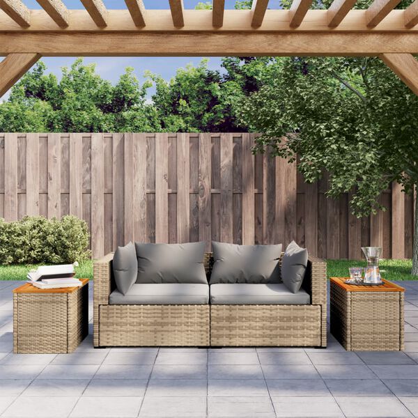 vidaXL Garden Side Tables 2pcs Beige 55x34x37cm Poly Rattan Solid Wood