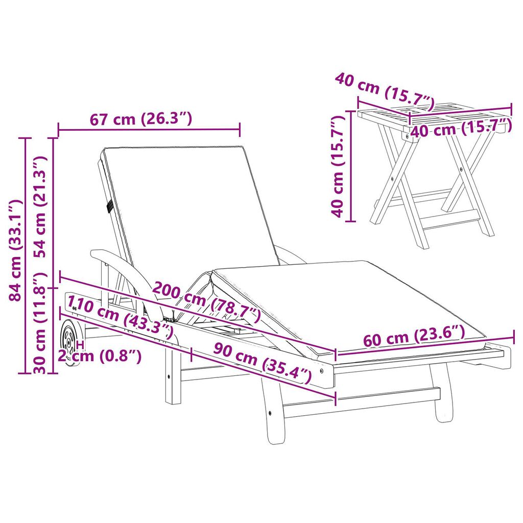vidaXL Sun Loungers 2 pcs with Cushions and Table Red Solid Wood Acacia