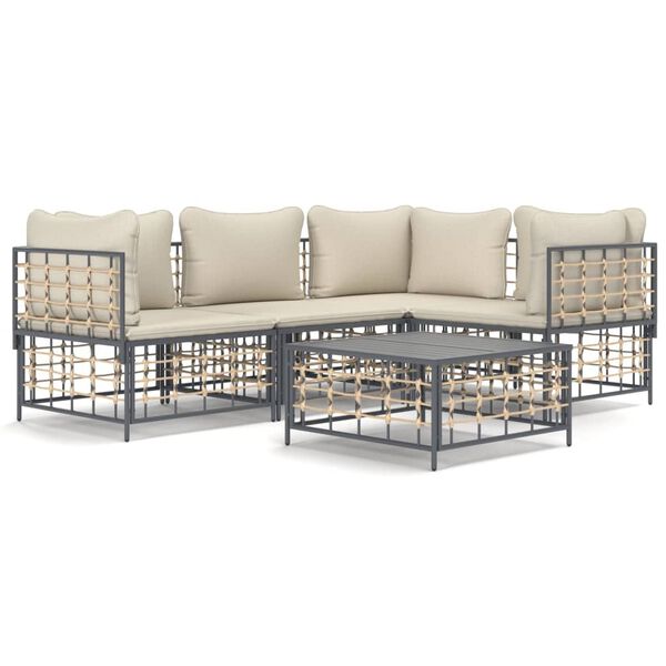 vidaXL 5 Piece Garden Lounge Set with Cushions Anthracite Poly Rattan