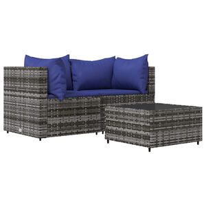 vidaXL 3 Piece Garden Lounge Set with Cushions Grey Poly Rattan