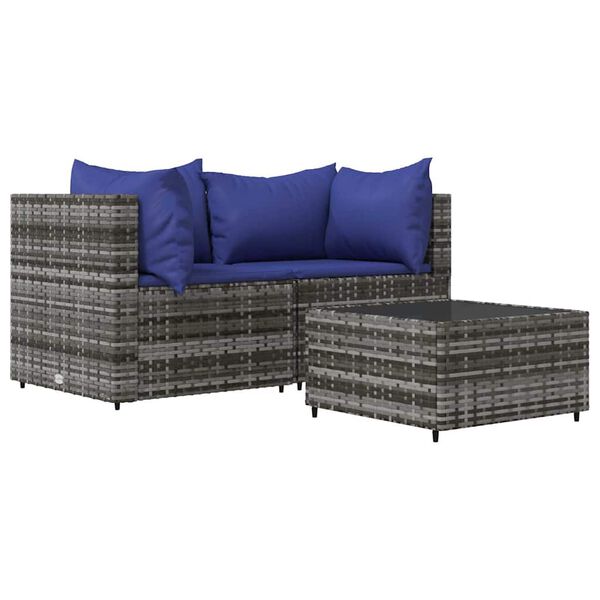 vidaXL 3 Piece Garden Lounge Set with Cushions Grey Poly Rattan
