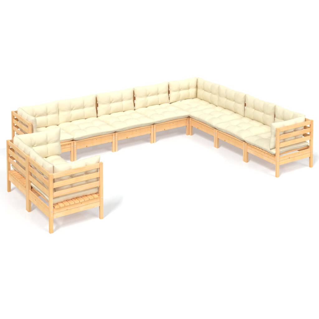 vidaXL 10 Piece Garden Lounge Set with Cream Cushions Solid Pinewood