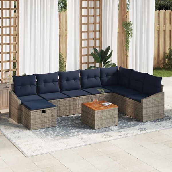 vidaXL Garden Sofa Set with Cushion 9 pcs Grey Poly Rattan