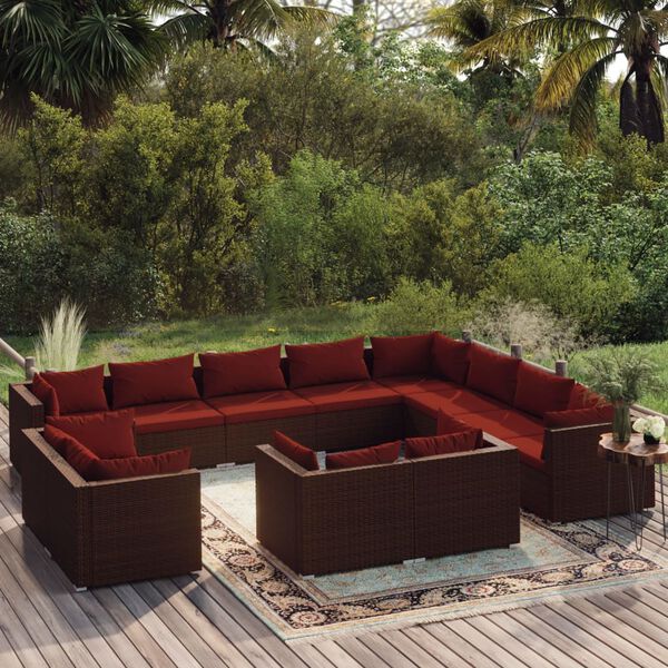 vidaXL 12 Piece Garden Lounge Set with Cushions Brown Poly Rattan