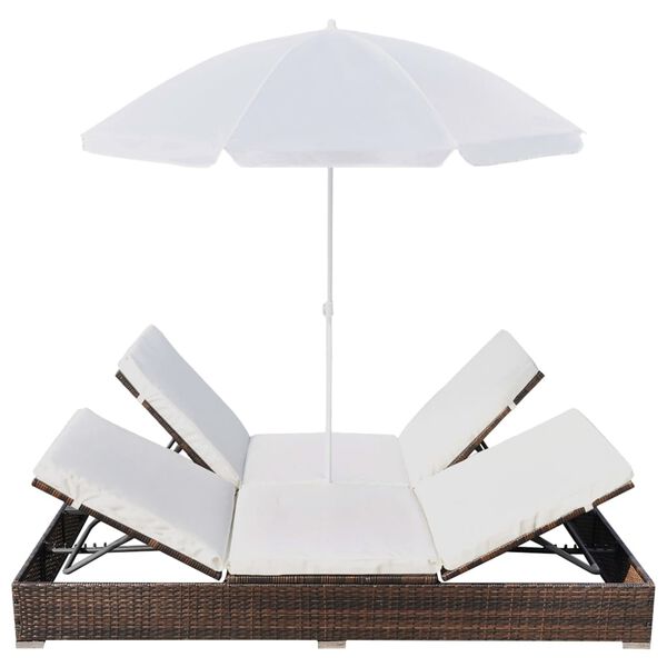 vidaXL Outdoor Lounge Bed with Umbrella Poly Rattan Brown