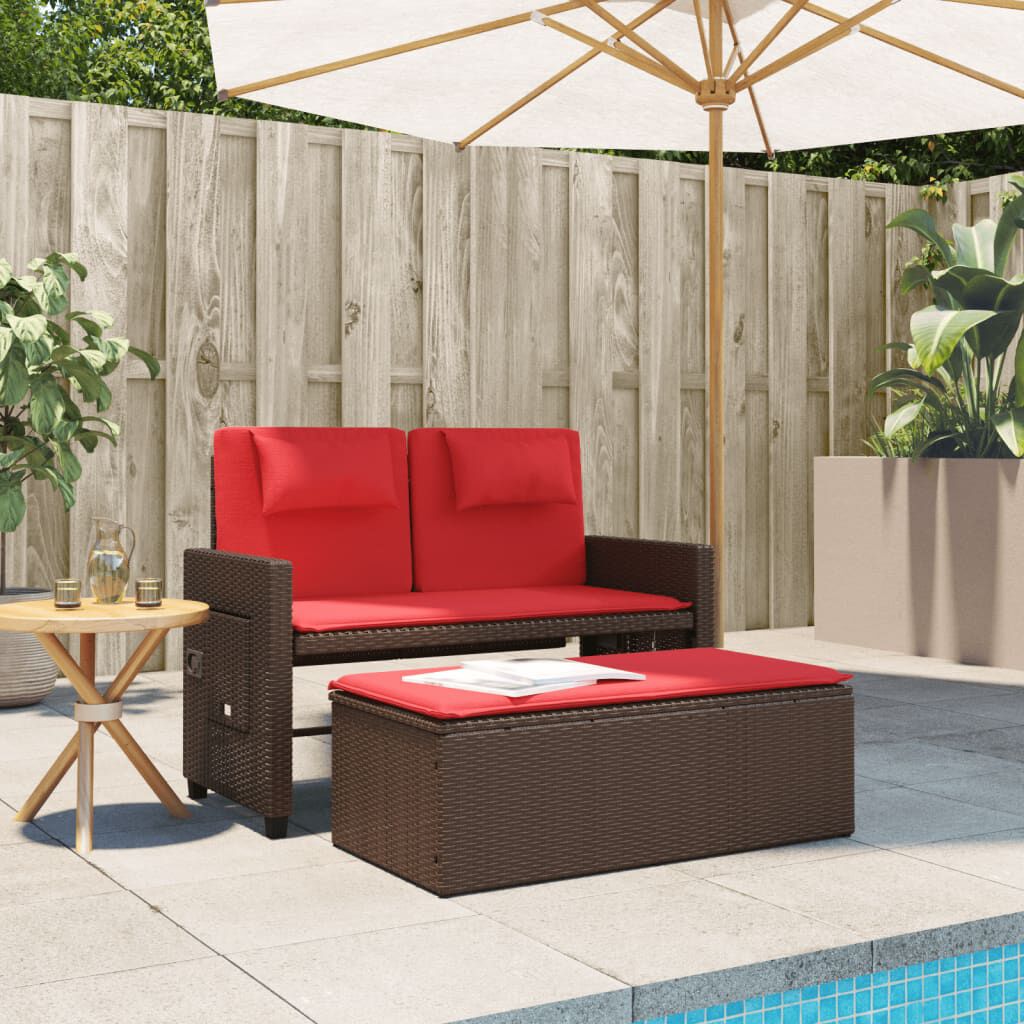 vidaXL Reclining Garden Bench with Cushions Brown Poly Rattan