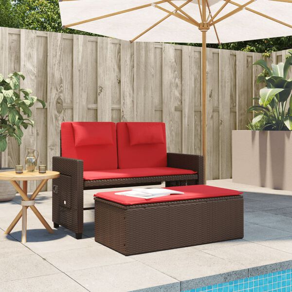 vidaXL Reclining Garden Bench with Cushions Brown Poly Rattan