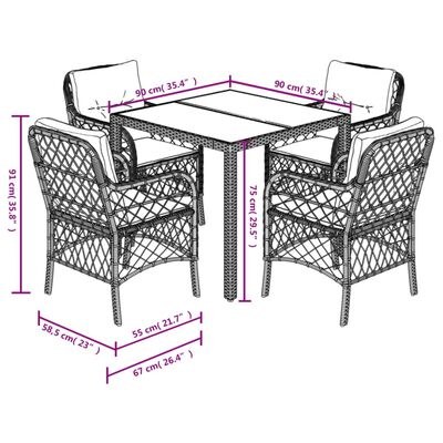 vidaXL 5 Piece Garden Dining Set with Cushions Black Poly Rattan