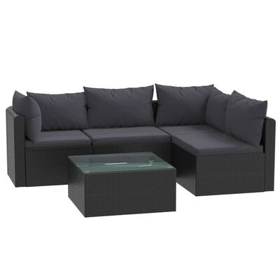 vidaXL 5 Piece Garden Lounge Set with Cushions Poly Rattan Black