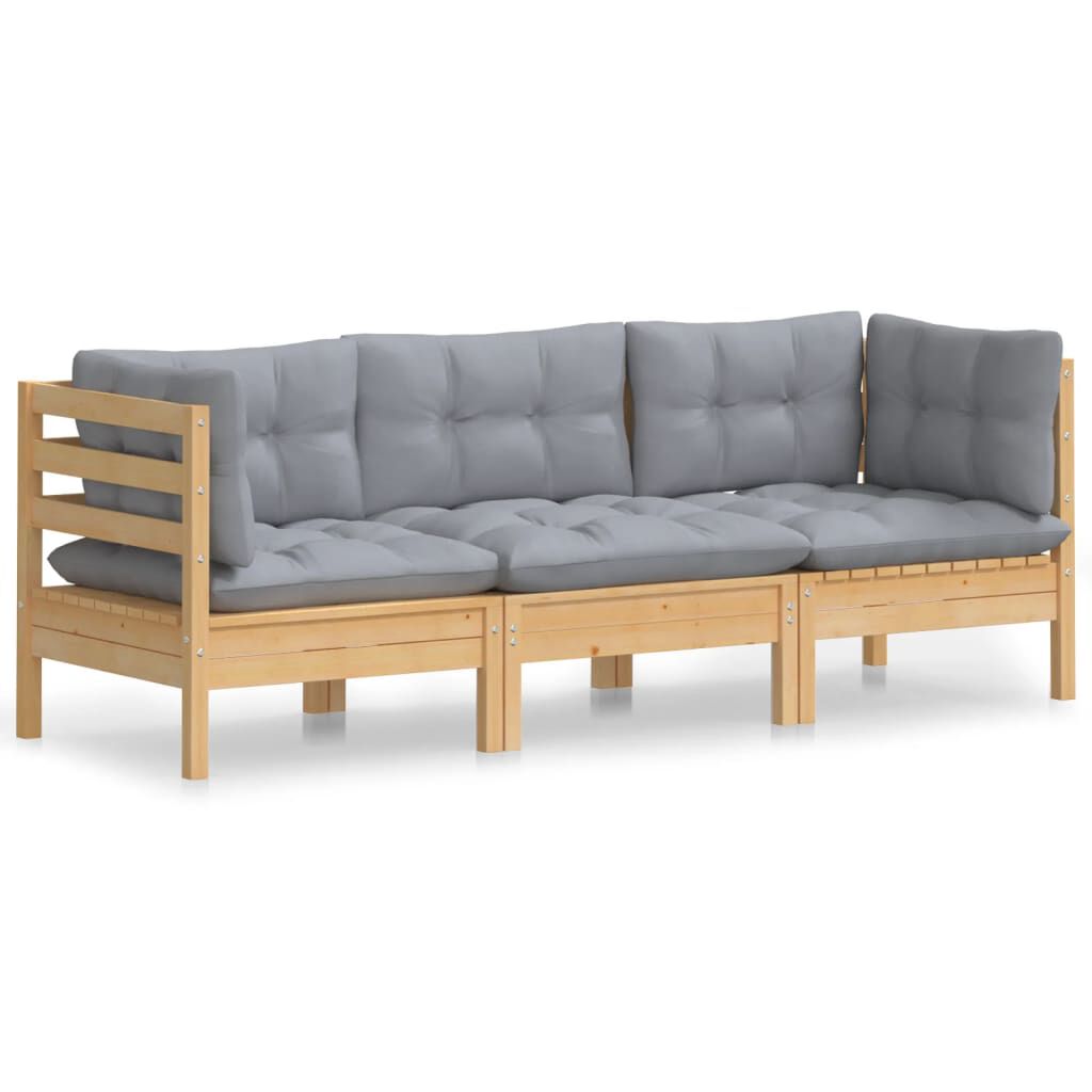 vidaXL 3-Seater Garden Sofa with Grey Cushions Solid Pinewood