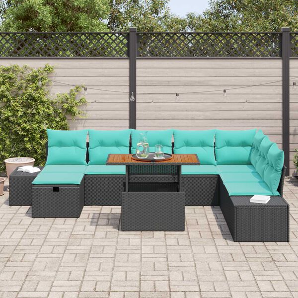vidaXL 9 Piece Garden Sofa Set with Cushions Black Poly Rattan Acacia