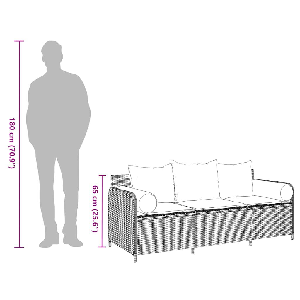 vidaXL Garden Sofa with Cushions 3-Seater Black Poly Rattan