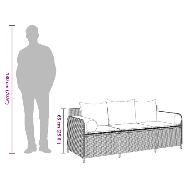 vidaXL Garden Sofa with Cushions 3-Seater Black Poly Rattan