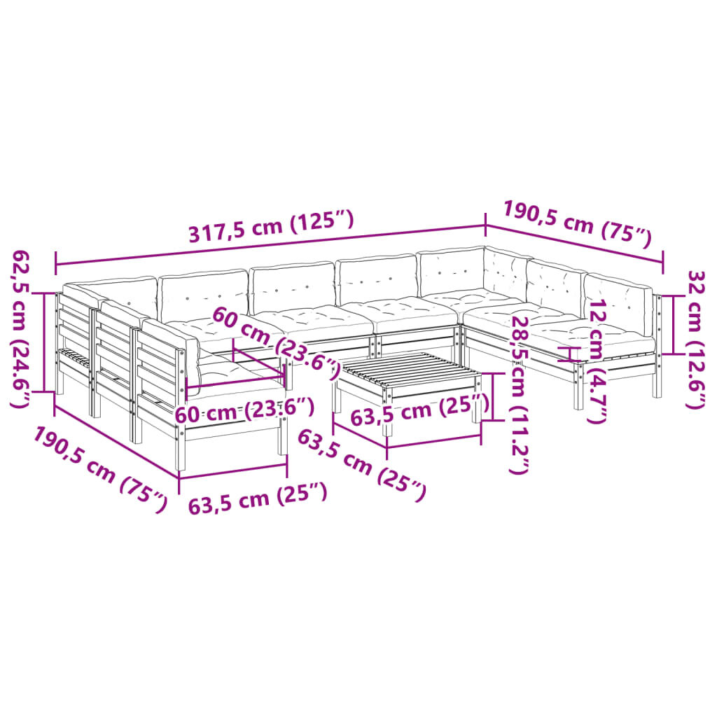 vidaXL 10 Piece Garden Sofa Set with Cushions Wax Brown Solid Wood Pine