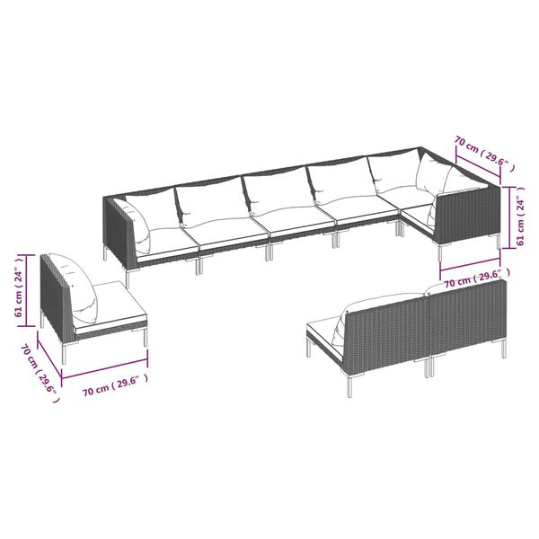 vidaXL 9 Piece Garden Lounge Set with Cushions Poly Rattan Dark Grey