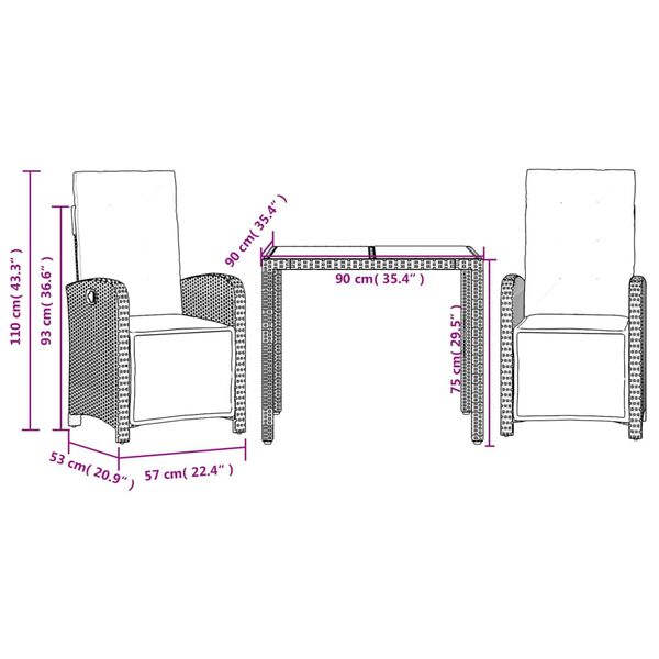 vidaXL 3 Piece Bistro Set with Cushions Black Poly Rattan