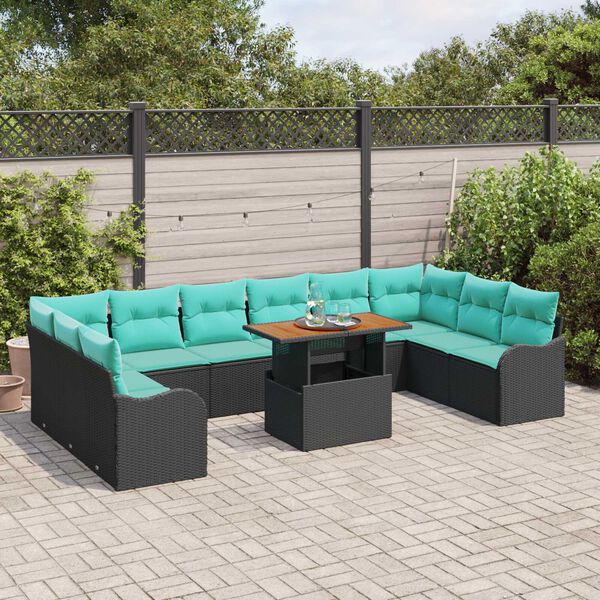 vidaXL 11 Piece Garden Sofa Set with Cushions Black Poly Rattan Acacia