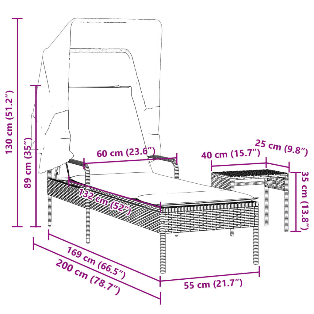 vidaXL Sun Lounger with Canopy and Table Grey Poly Rattan
