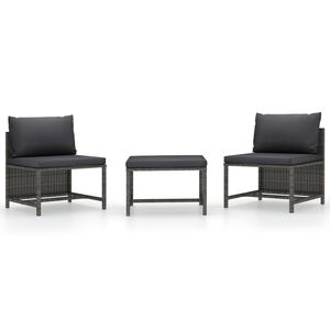 vidaXL 3 Piece Garden Sofa Set with Cushions Grey Poly Rattan