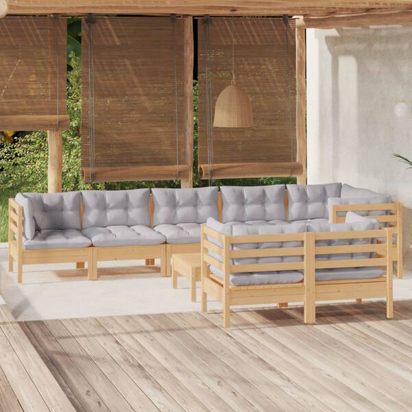 vidaXL 9 Piece Garden Lounge Set with Grey Cushions Solid Pinewood