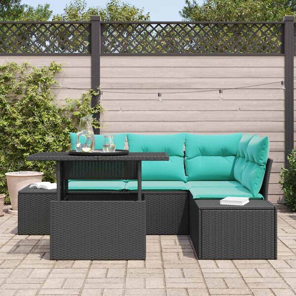 vidaXL Garden Sofa Set with Cushion 6 pcs Black and Blue Poly Rattan