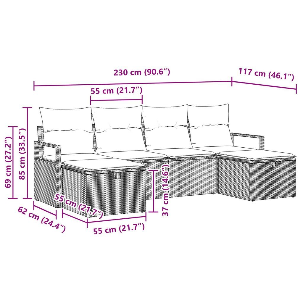 vidaXL 6 Piece Garden Sofa Set with Cushions Brown Poly Rattan