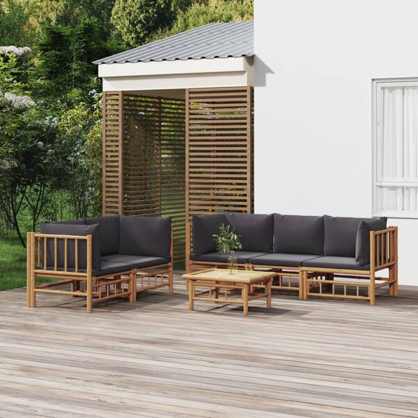 vidaXL 6 Piece Garden Lounge Set with Dark Grey Cushions Bamboo