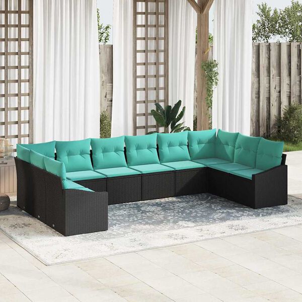 vidaXL Garden Sofa Set 10 pcs Black and Turquoise Poly Rattan