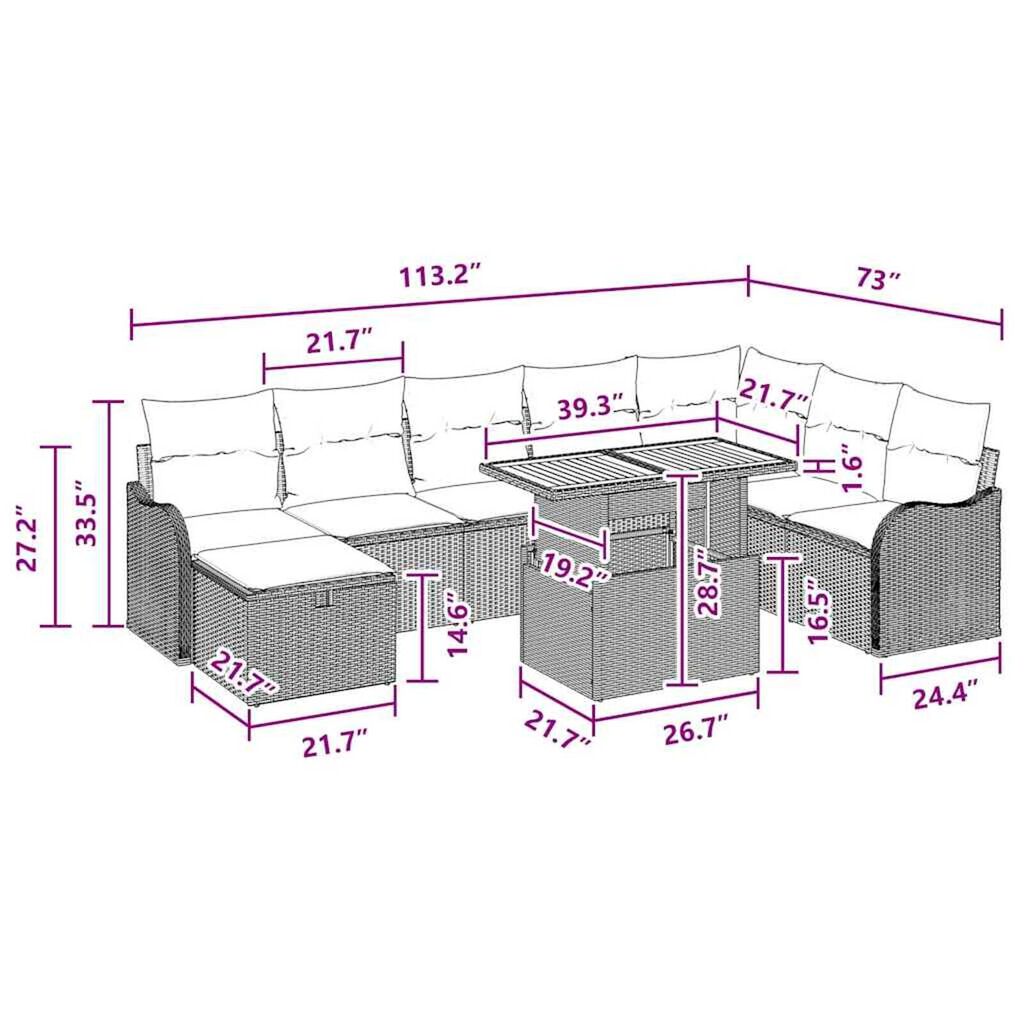 vidaXL Garden Sofa Set with Cushion 9 pcs Grey Poly rattan