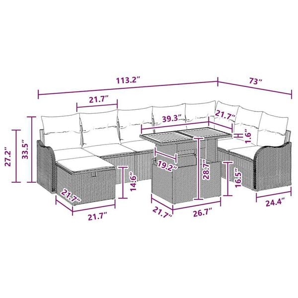 vidaXL Garden Sofa Set with Cushion 9 pcs Grey Poly rattan