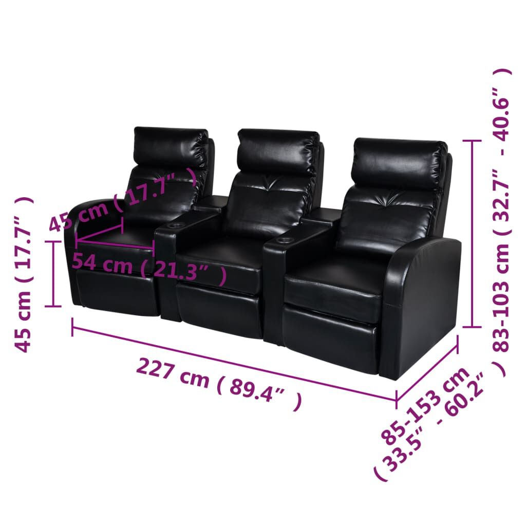 vidaXL 3-Seater Home Theater Recliner Sofa Black Faux Leather