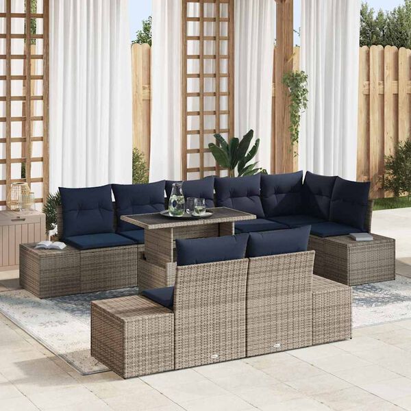 vidaXL Garden Sofa Set 9 pcs Grey and Navy Blue Poly Rattan