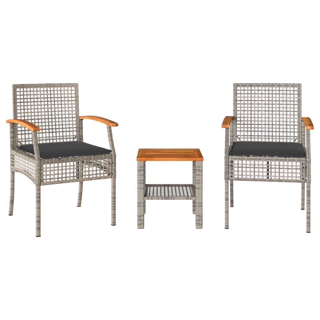 vidaXL 3 Piece Bistro Set with Cushions Grey Poly Rattan Acacia Wood