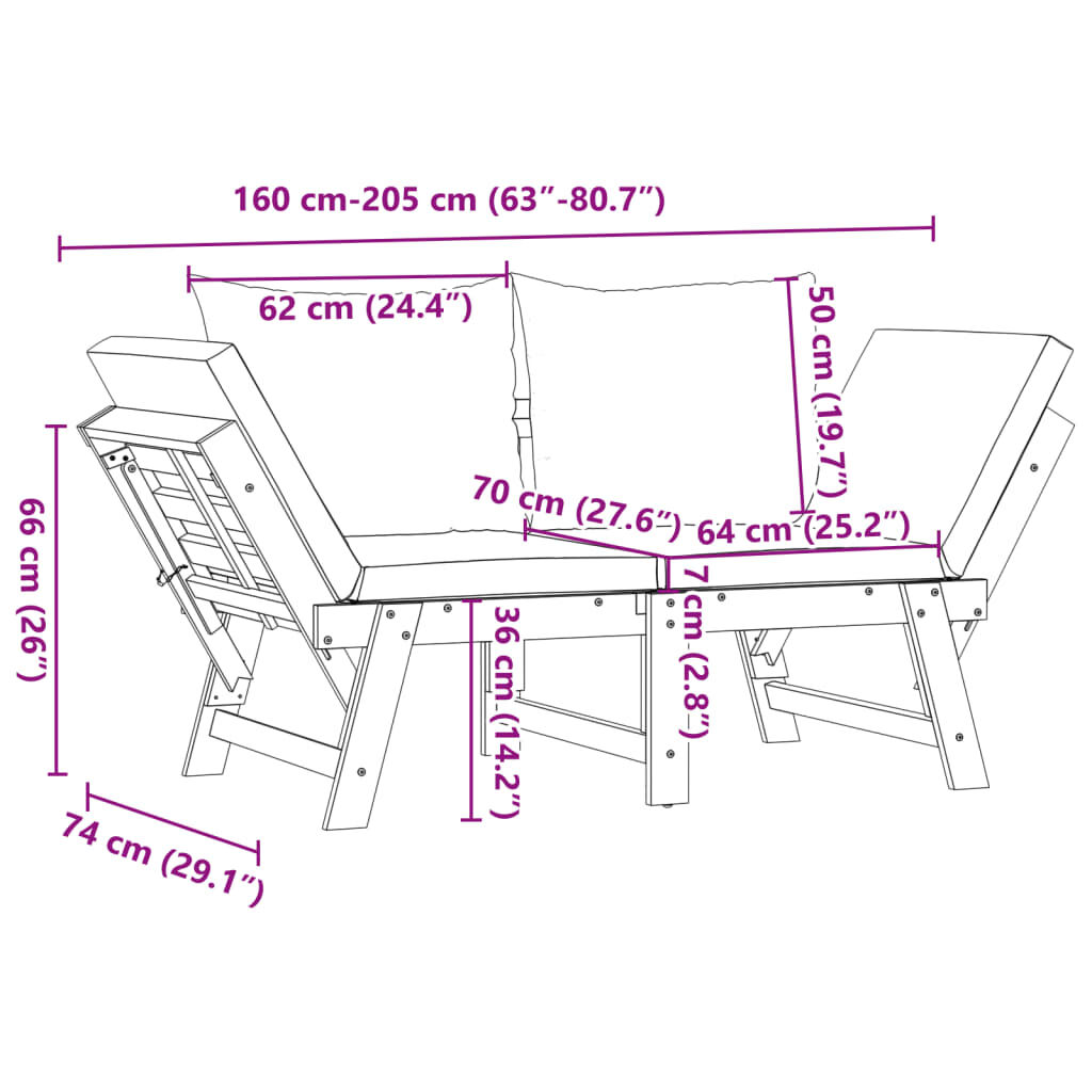 vidaXL Garden Bench with Cushions 2-in-1 Solid Wood Acacia
