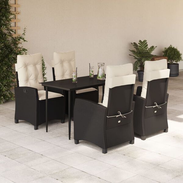 vidaXL 5 Piece Garden Dining Set with Cushions Black Poly Rattan