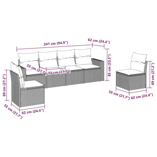 vidaXL 6 Piece Garden Sofa Set with Cushions Black Poly Rattan