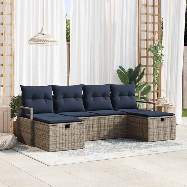 vidaXL Sofa Set with Cushion Manual 6 pcs Grey and Navy Poly Rattan