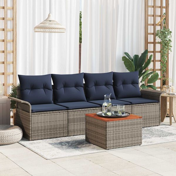 vidaXL 5 Piece Garden Sofa Set with Cushions Grey Poly Rattan Acacia