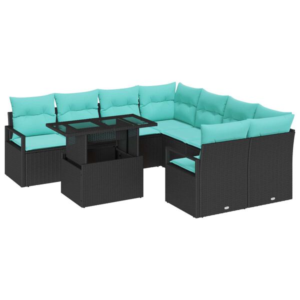 vidaXL 9 Piece Garden Sofa Set with Cushions Black Poly Rattan