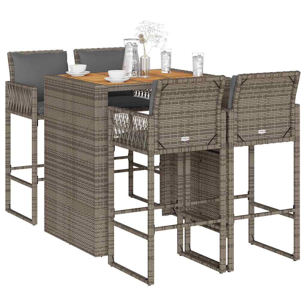 vidaXL 5 Piece Garden Bar Set with Cushions Grey Poly Rattan Acacia