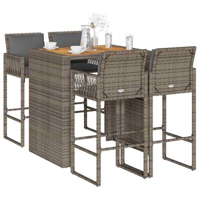 vidaXL 5 Piece Garden Bar Set with Cushions Grey Poly Rattan Acacia