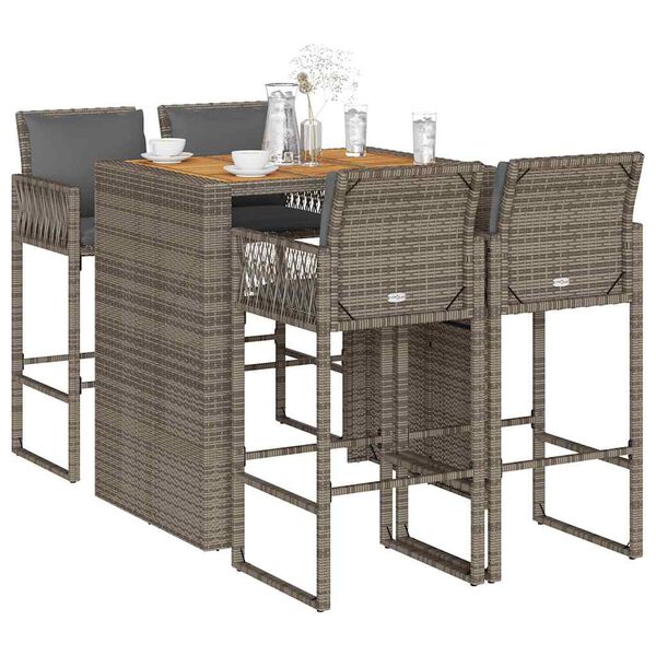 vidaXL 5 Piece Garden Bar Set with Cushions Grey Poly Rattan Acacia